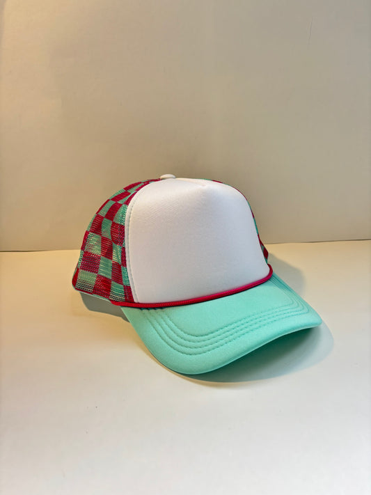 High Profile Snapback Trucker Hat- Checkered/White/Teal