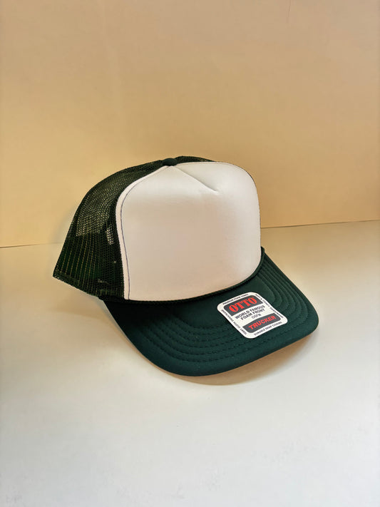 High Profile Snapback Trucker Hat- Dark Green/White/Dark Green