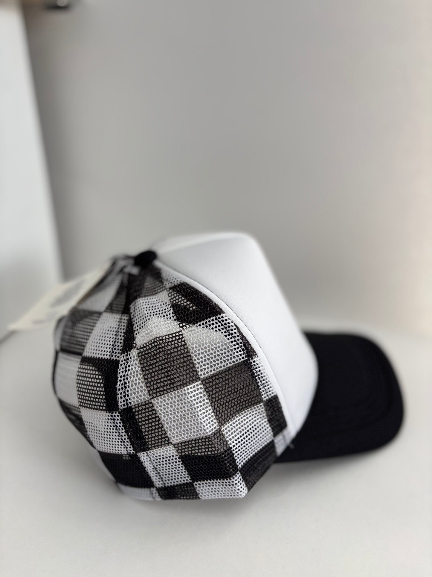 High Profile Snapback Trucker Hat- Checkered/White/Black