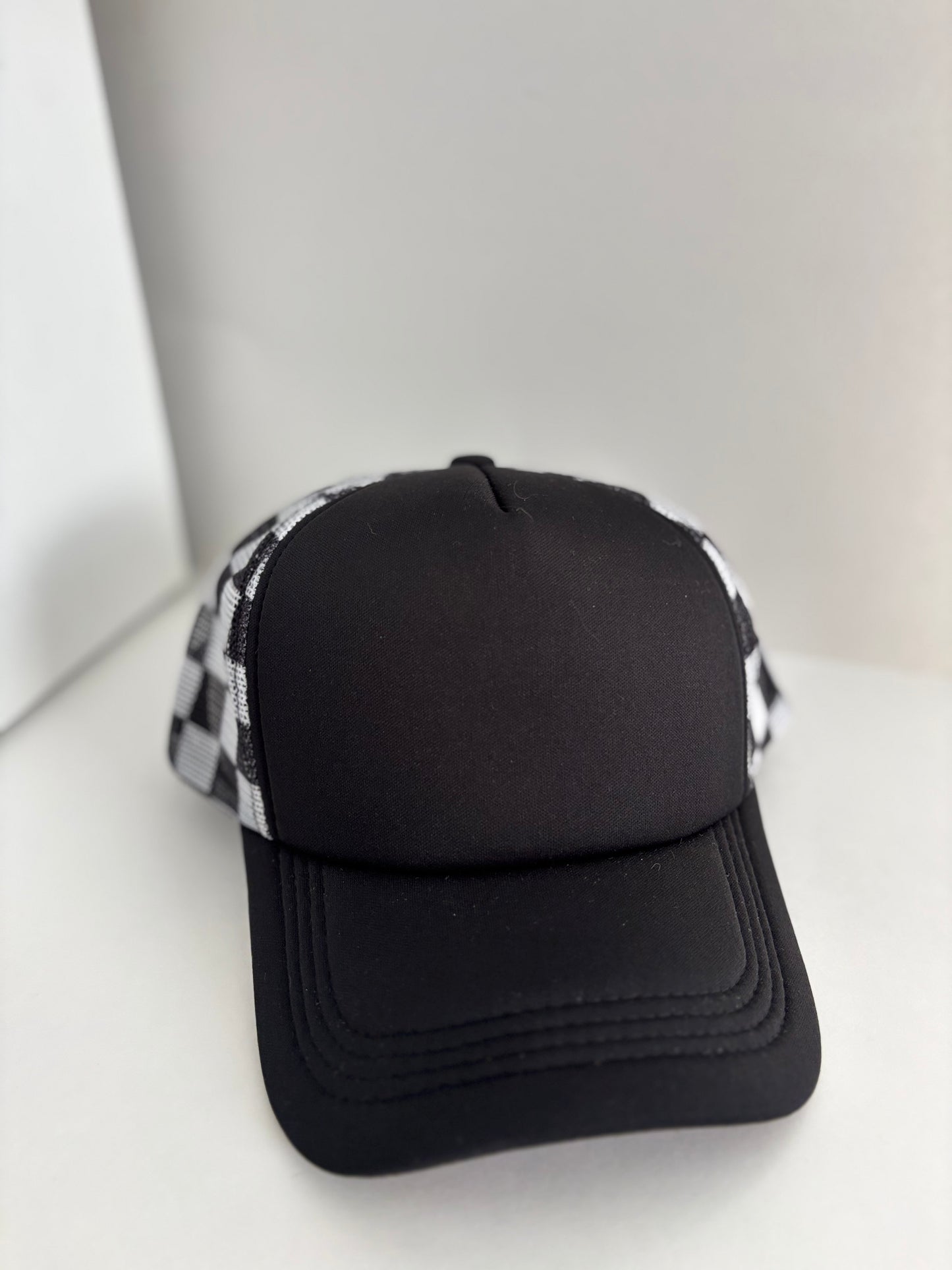 High Profile Snapback Trucker Hat- Checkered/Black/Black
