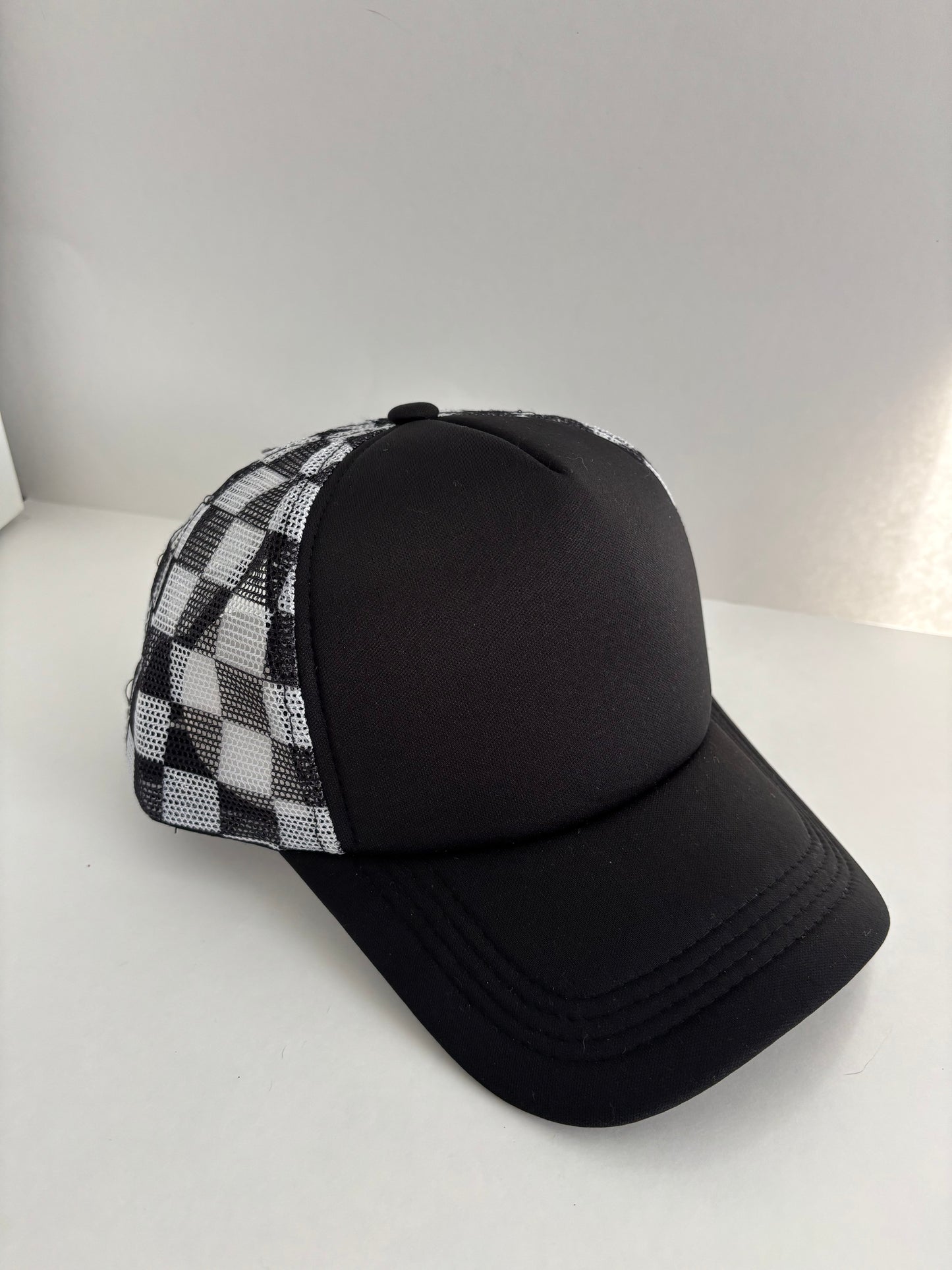 High Profile Snapback Trucker Hat- Checkered/Black/Black