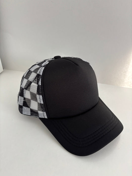 High Profile Snapback Trucker Hat- Checkered/Black/Black