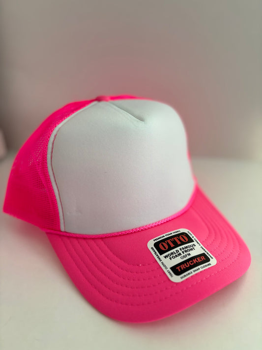 High Profile Snapback Trucker Hat- Neon Pink/White/Neon Pink