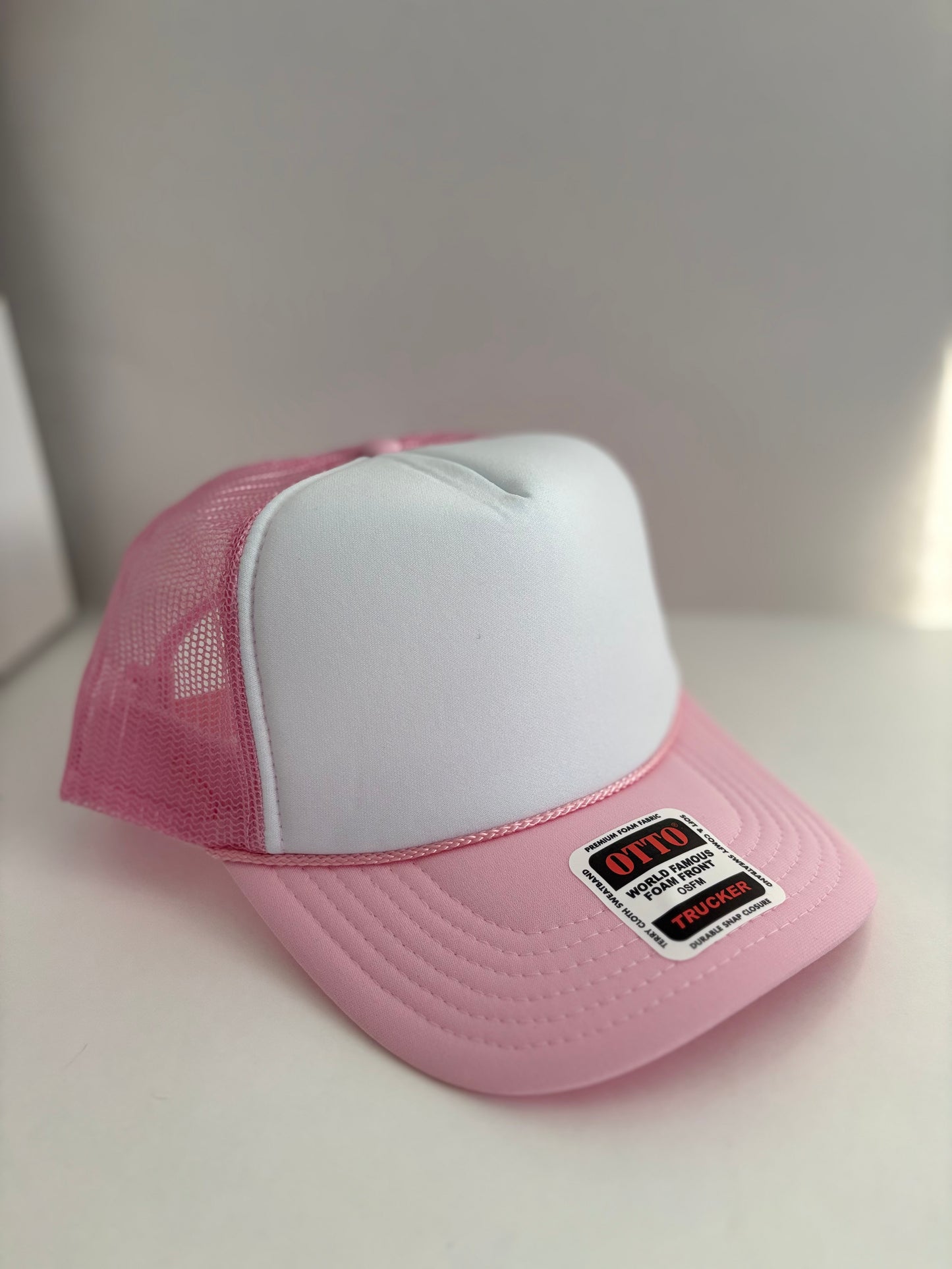 High Profile Snapback Trucker Hat- Soft Pink/White/Soft Pink