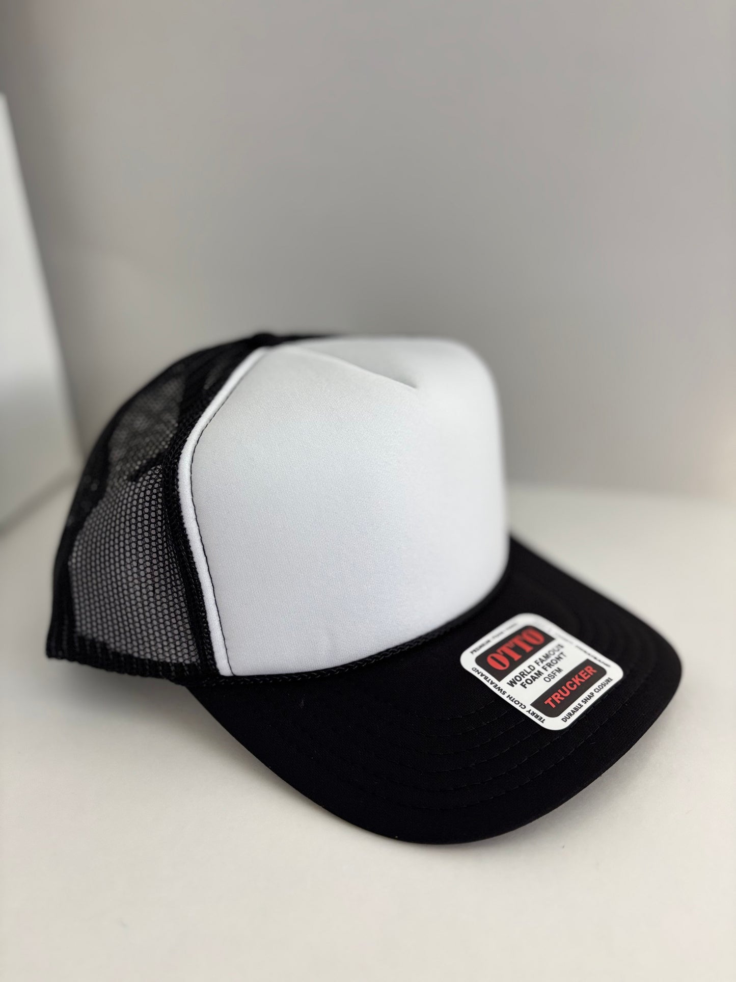 High Profile Snapback Trucker Hat- Black/White/Black