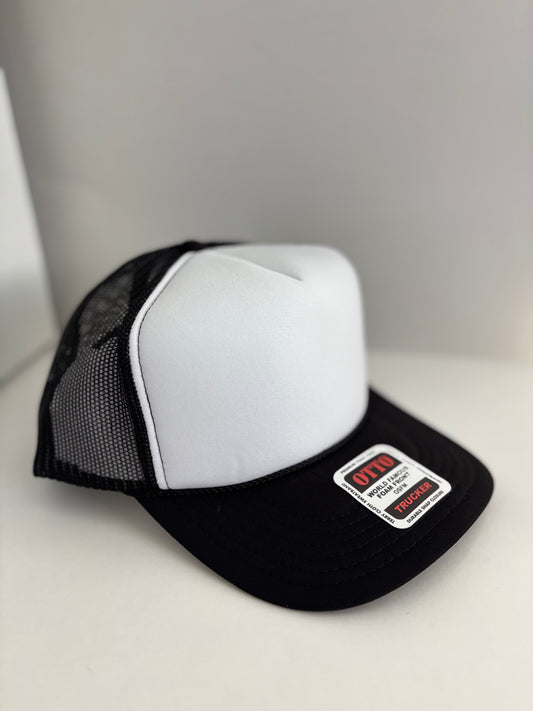 High Profile Snapback Trucker Hat- Black/White/Black