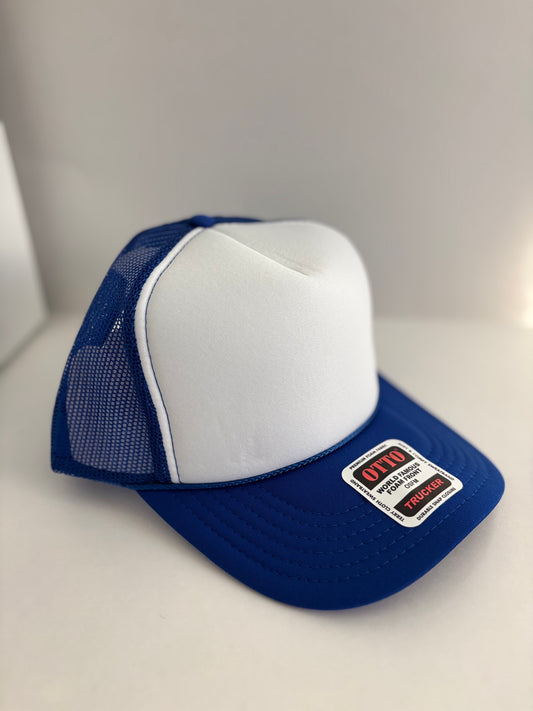 High Profile Snapback Trucker Hat- Blue/White/Blue