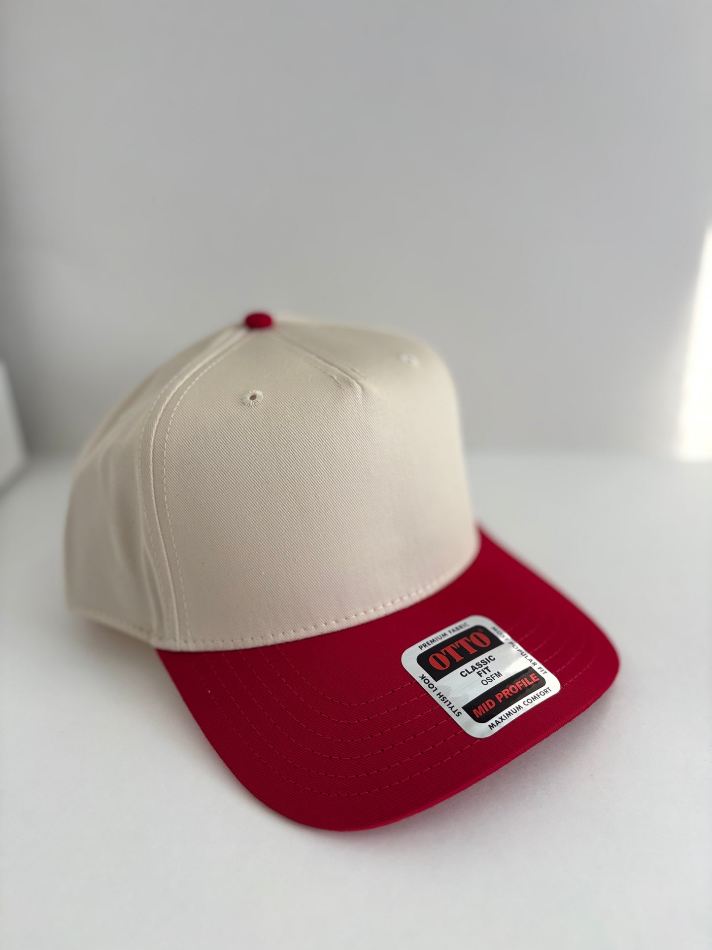Mid Profile Baseball Cap- Red & Off White