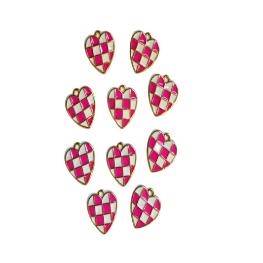Pink Checkered Heart Charm