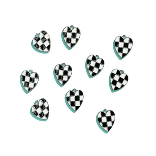 B & W Silver Tone Checkered Heart Charm